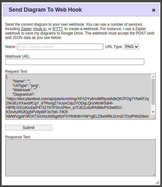 PlantText releases new features for 2022: send diagram to web hook