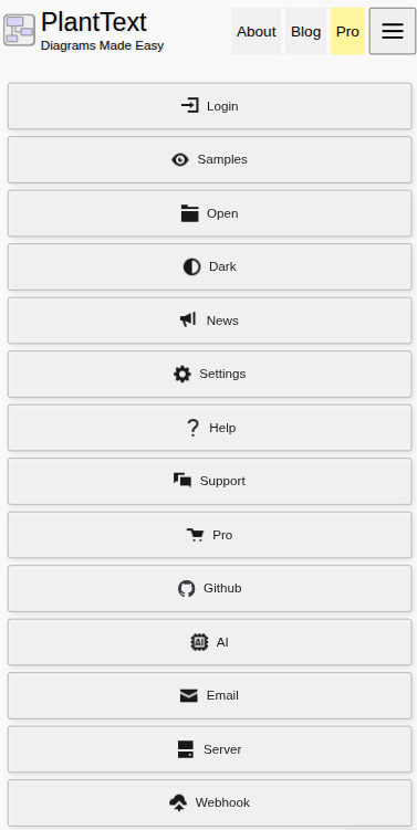 PlantText mobile hamburger menu